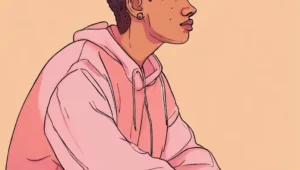 Illustration of a person in a pink hoodie representing emotional distress, isolation, and the mental health impact of suicidal ideation during global unrest