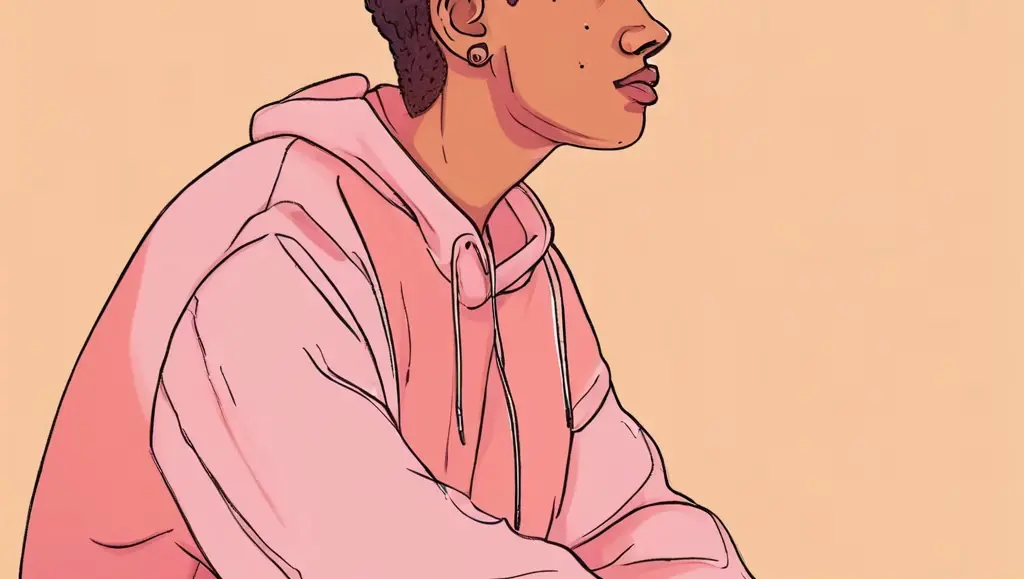 Illustration of a person in a pink hoodie representing emotional distress, isolation, and the mental health impact of suicidal ideation during global unrest